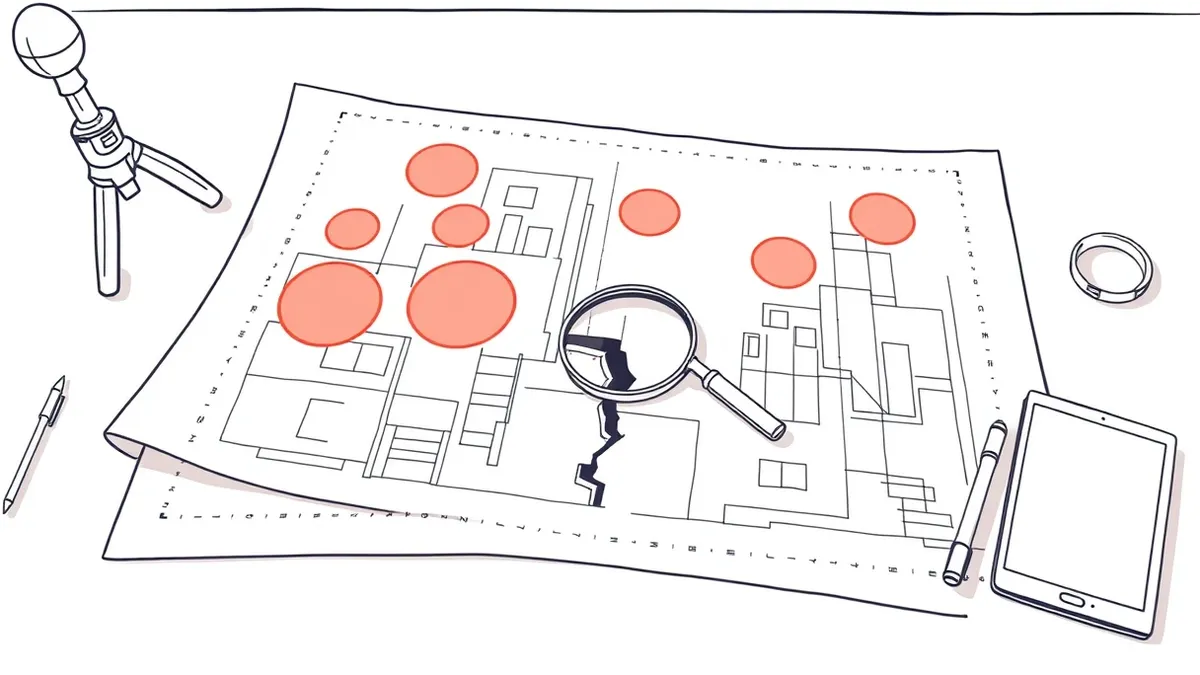 Illustration: A large architectural blueprint lies flat on a drafting table, covered in red ink circles highlighting hidden structural gaps.