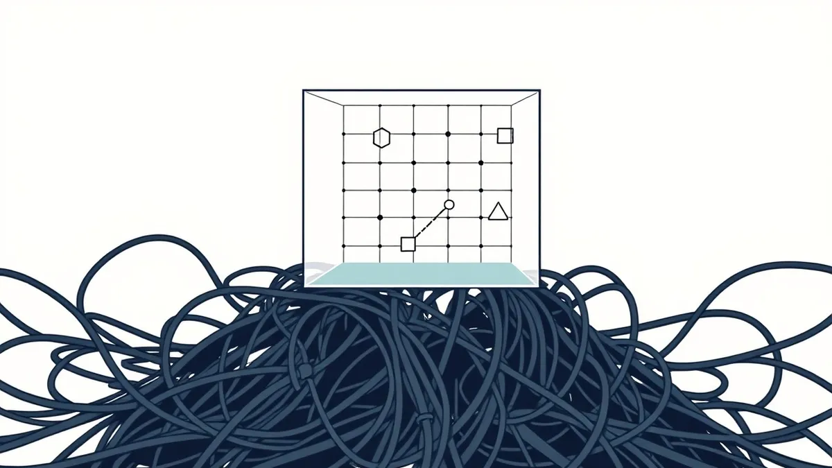 Illustration: A transparent glass cube floats above a tangled nest of dark, chaotic cables.
