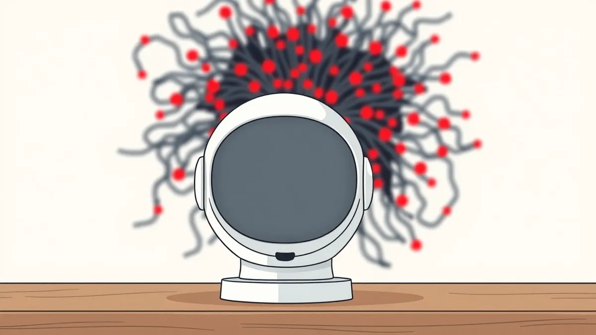 Illustration: A sleek white sensor sits on a wooden desk, its lens clouded by a thick layer of grey dust.