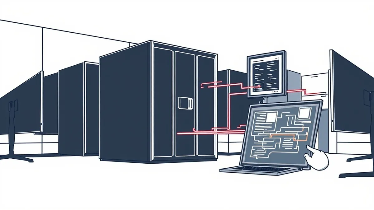 Illustration: A sleek black server sits inside a brightly lit office, its blinking lights pulsing with steady rhythm.