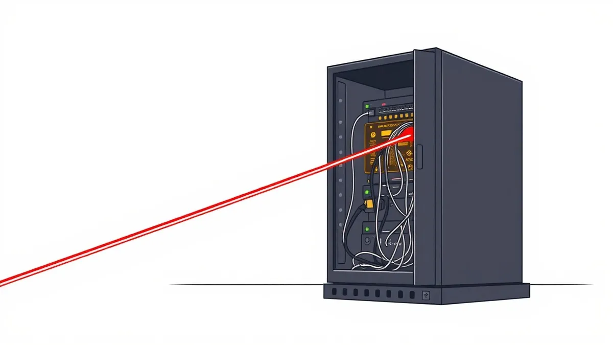 Illustration: A black server appliance sits on a metal rack with its front panel open to reveal tangled internal cables.