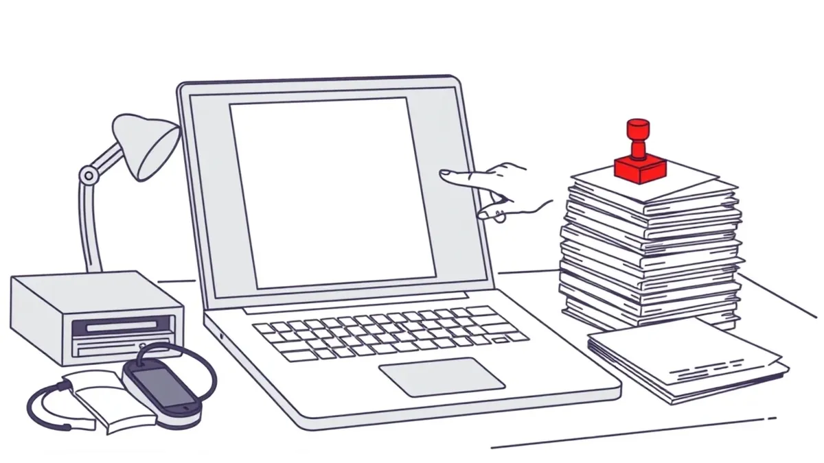 Illustration: A sleek silver laptop sits on a cluttered wooden desk, its screen displaying a blank white document.