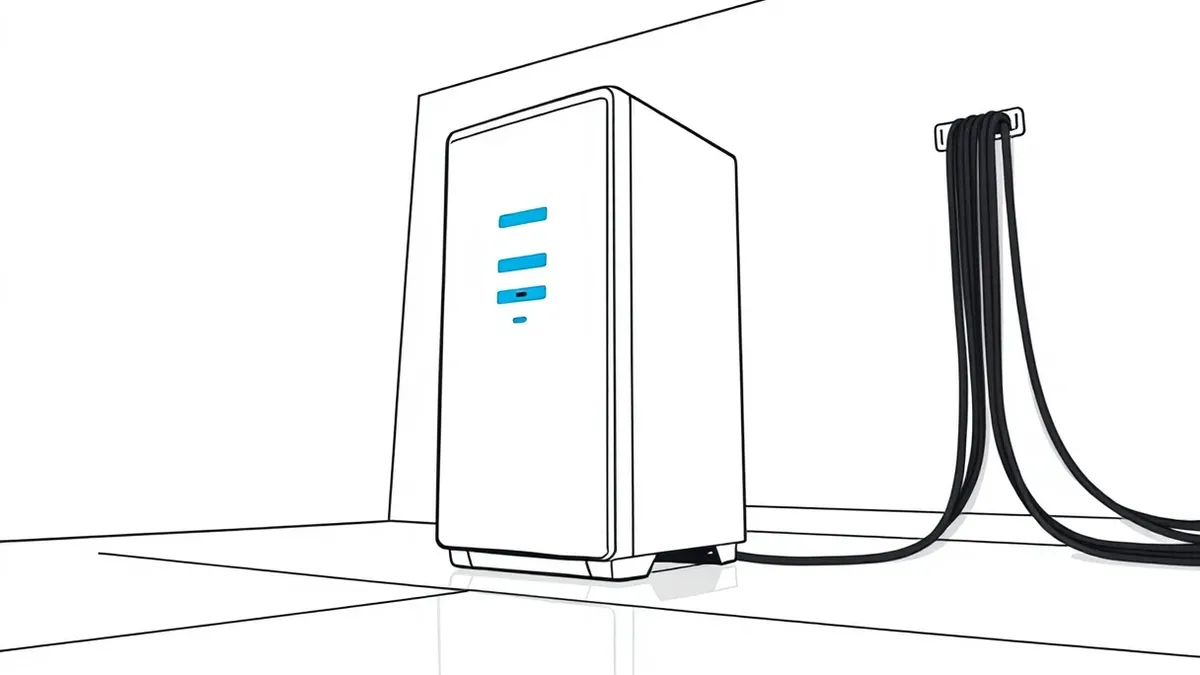 Illustration: A sleek white server tower sits on a polished concrete floor in a dimly lit room.