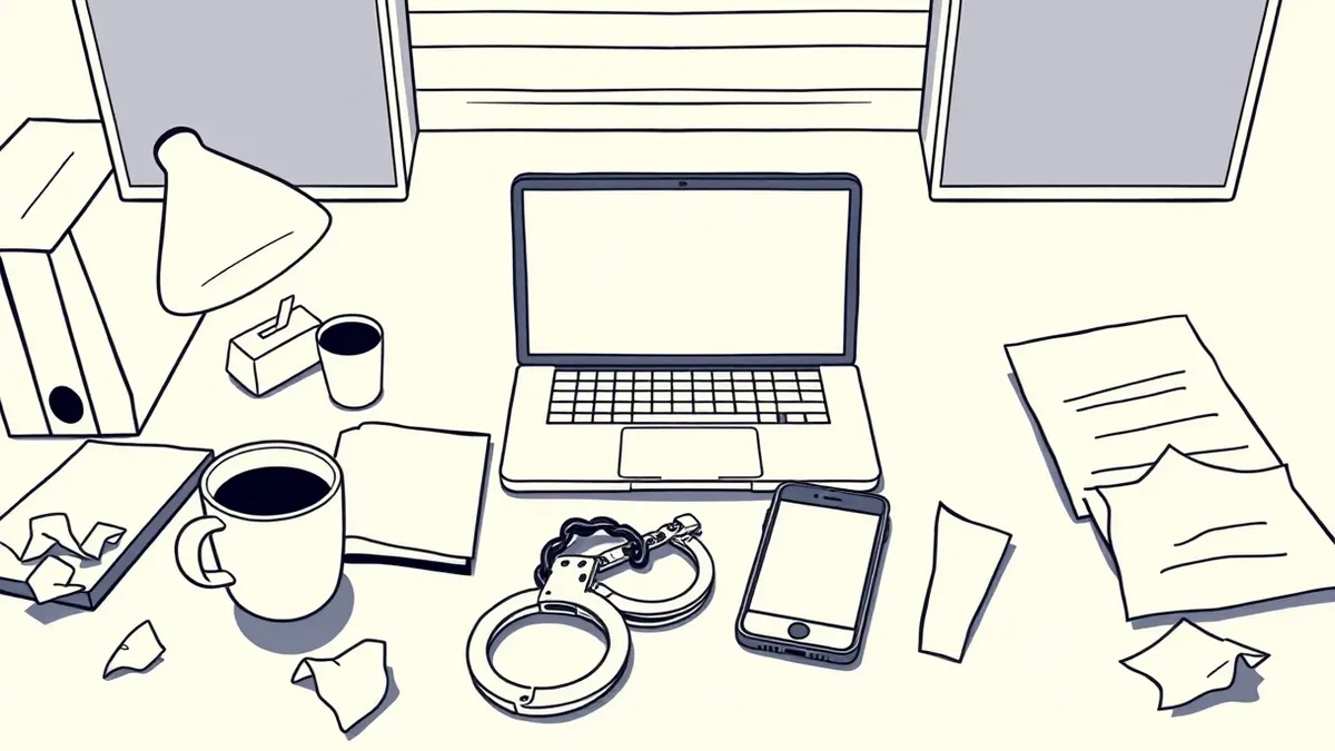 Illustration: A dark office with a closed laptop on the desk.