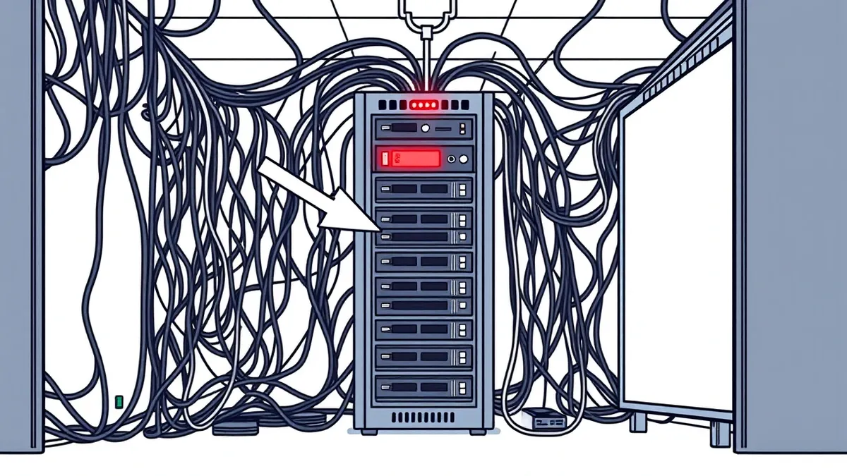 Illustration: A chaotic server room with tangled cables and a central rack-mounted unit displaying a stark red warning light.