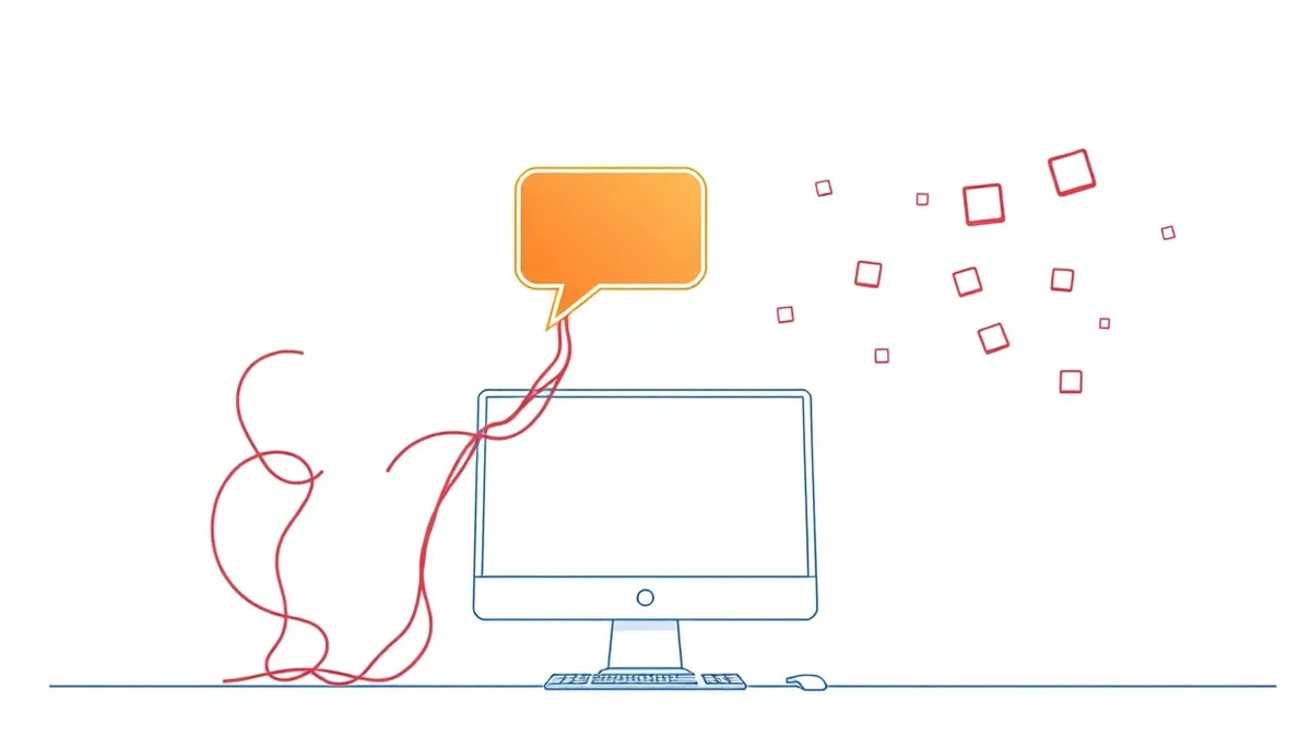 Illustration: A glowing digital chat bubble floats above a sleek, minimalist desktop computer.