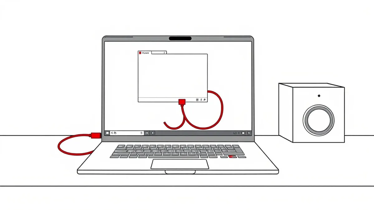 Illustration: A sleek silver laptop sits on a clean white desk, its screen displaying a generic remote desktop interface with blank application windows.