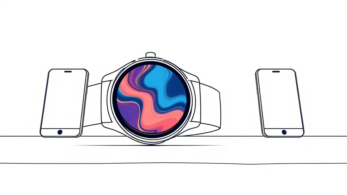 Illustration: A sleek smartwatch rests on a smooth surface, its circular display glowing with a vibrant, abstract pattern that shifts like liquid color.