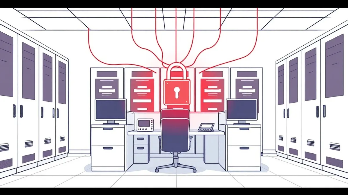 Illustration: An open office cubicle sits empty while a digital keycard floats in the air, glowing red.