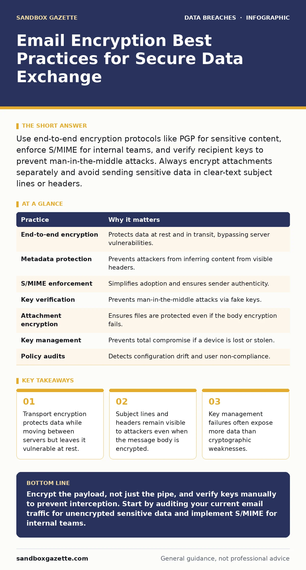 Infographic: Email Encryption Best Practices for Secure Data Exchange. Transport encryption protects data while moving between servers but leaves it vulnerable at rest. Subject lines and headers remain visible to attackers even when the message body is encrypted. Key management failures often expose