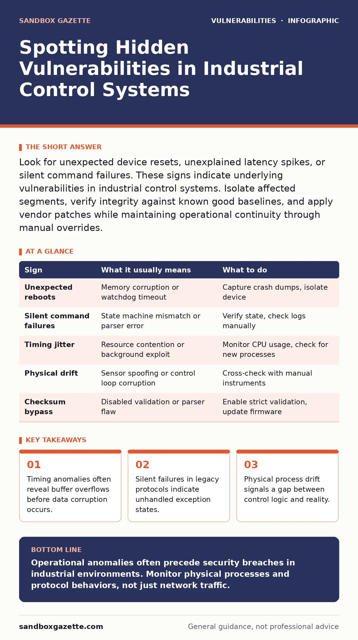 Infographic: Spotting Hidden Vulnerabilities in Industrial Control Systems. Timing anomalies often reveal buffer overflows before data corruption occurs. Silent failures in legacy protocols indicate unhandled exception states. Physical process drift signals a gap between control logic and reality.