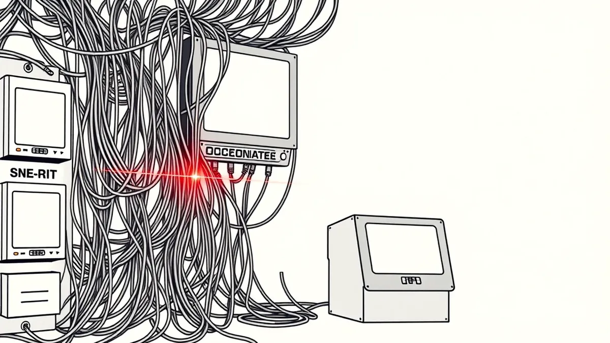 Illustration: A tangled nest of thick industrial cables connects to a ruggedized control panel with blank digital displays.