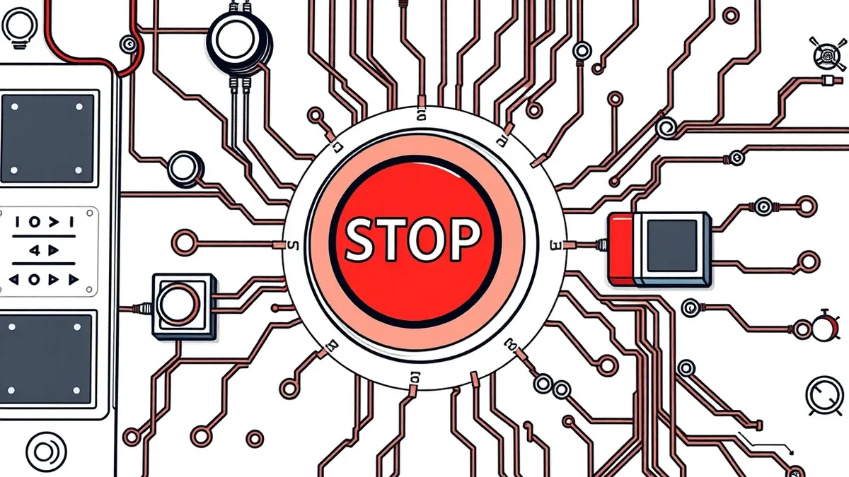 Illustration: A large red emergency stop button sits embedded in a complex mechanical control panel.