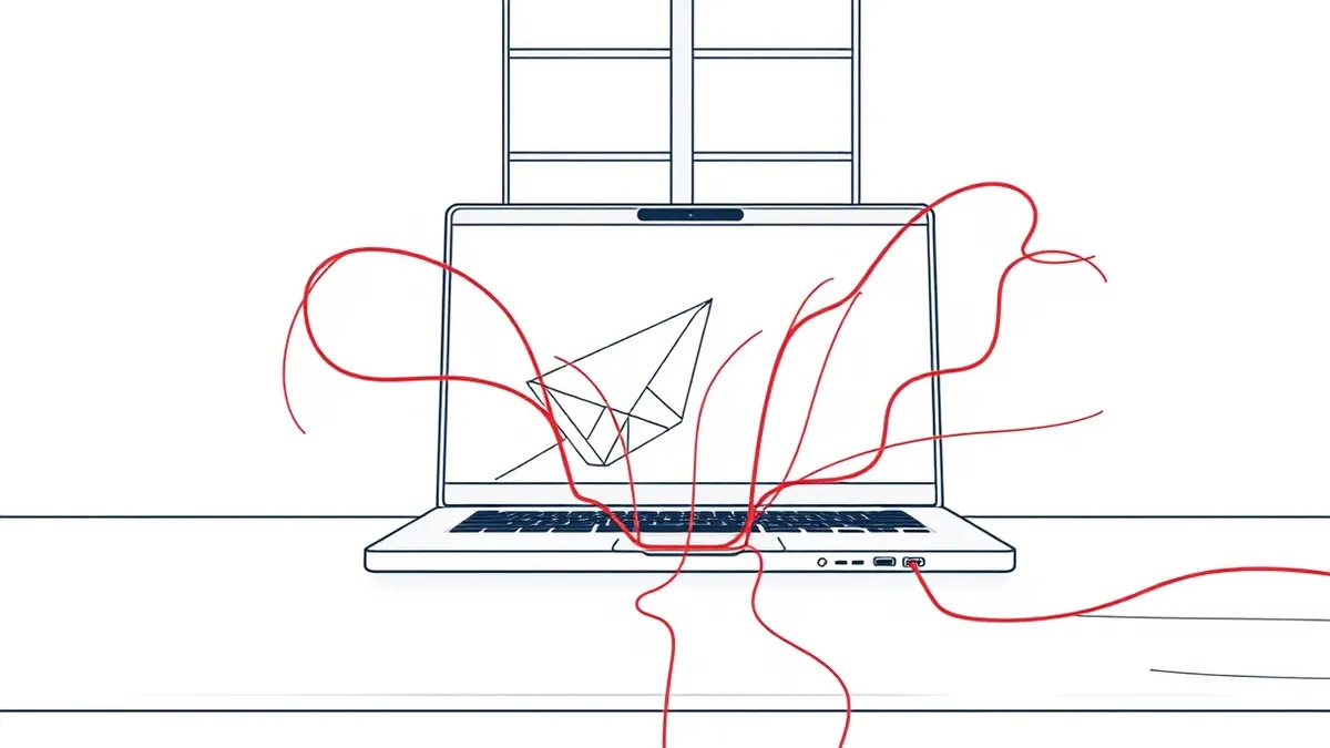 Illustration: A sleek silver laptop sits open on a wooden desk, its screen displaying only abstract geometric shapes.