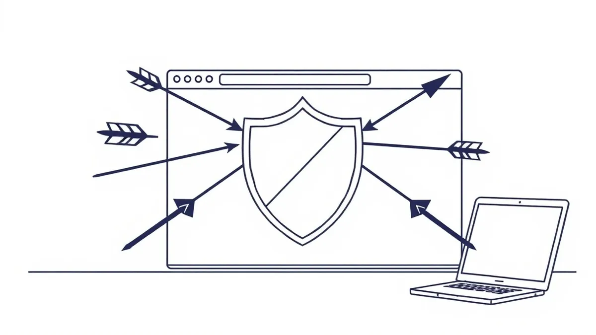 Illustration: A transparent shield materializes in front of a web browser window, deflecting jagged, dark arrows aimed at the screen.