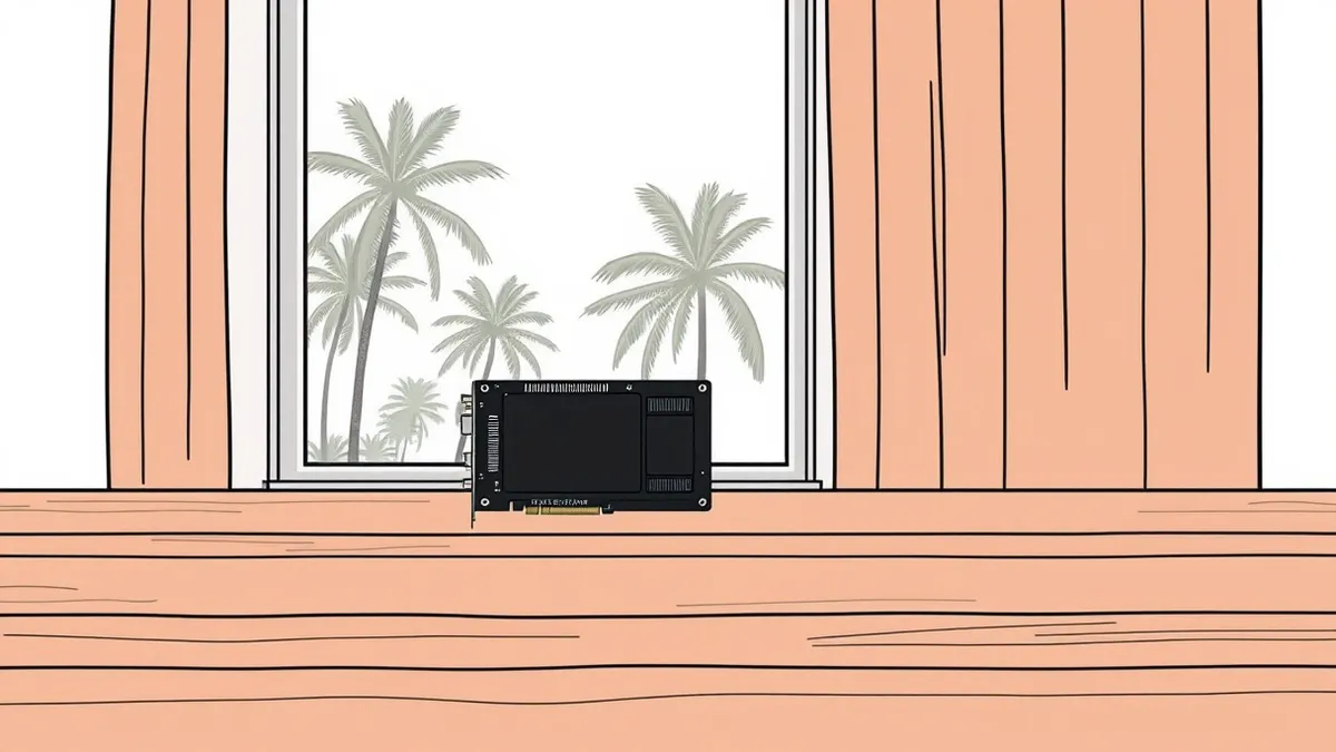 Illustration: A single black computer accelerator card rests on a wooden table near a window looking out at tropical palm trees.