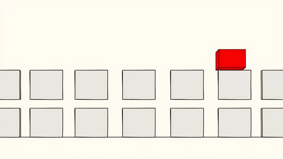 Illustration: A single bright red block slides past the edge of a neat grid of gray squares on a clean white surface.