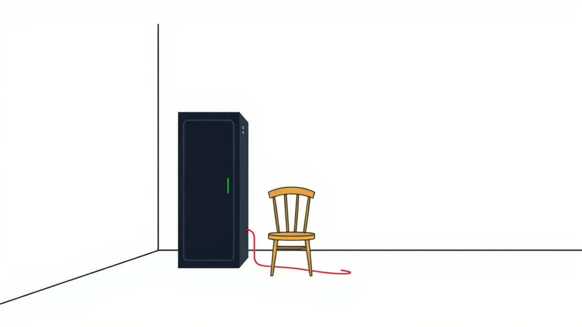 Illustration: A solitary black server unit sits isolated in a dim room, its single blinking light pulsing erratically.
