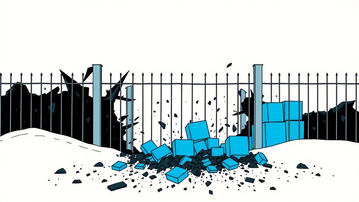 Illustration: A rigid metal border fence stands at the edge of a digital landscape.