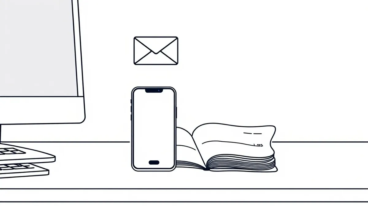 Illustration: A sleek office desk holds a smartphone displaying a blank messaging interface next to an open checkbook.