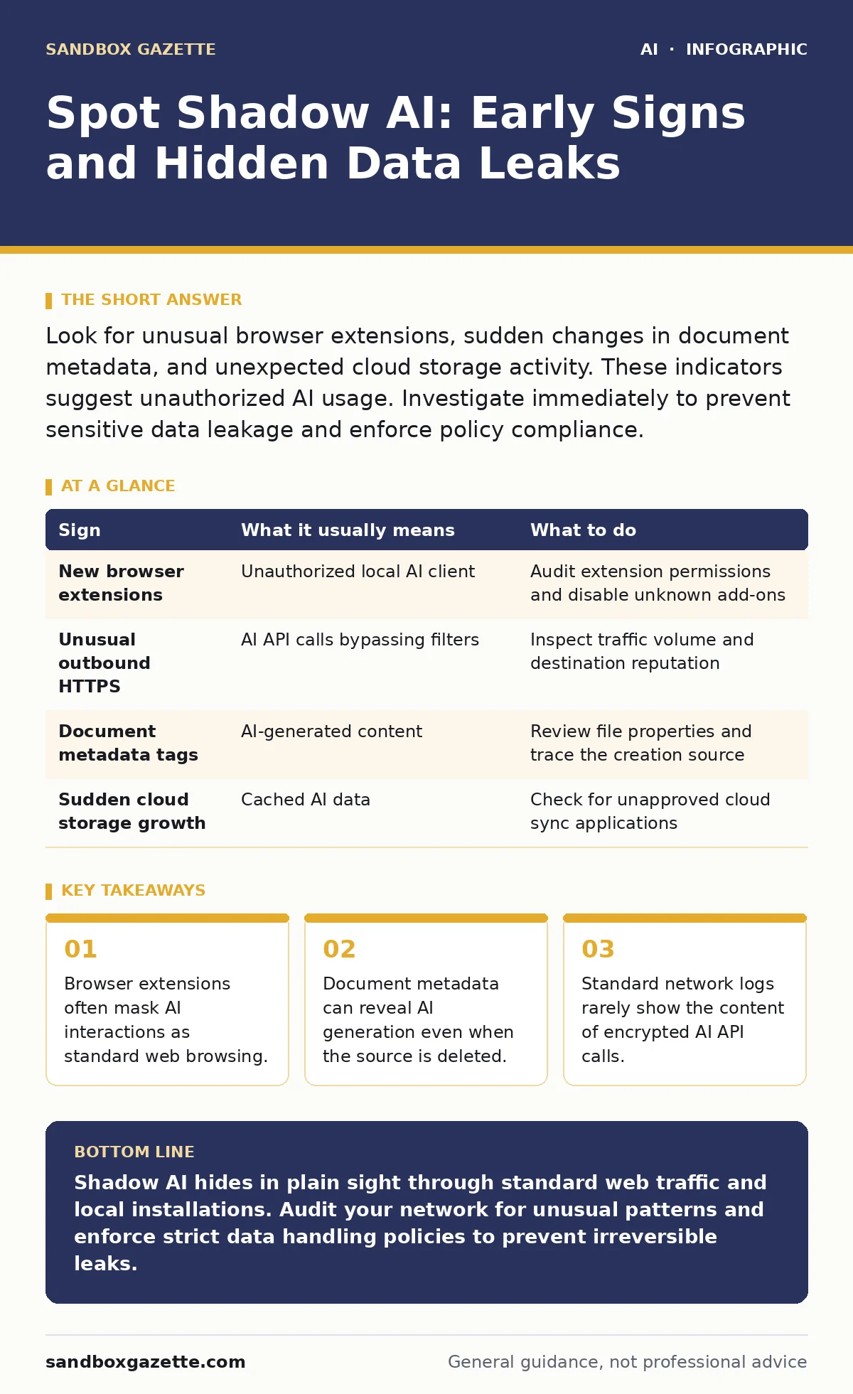 Infographic: Spot Shadow AI: Early Signs and Hidden Data Leaks. Browser extensions often mask AI interactions as standard web browsing. Document metadata can reveal AI generation even when the source is deleted. Standard network logs rarely show the content of encrypted AI API calls.