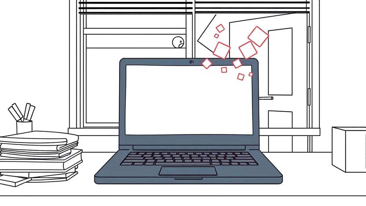 Illustration: A sleek black laptop sits on a cluttered office desk.