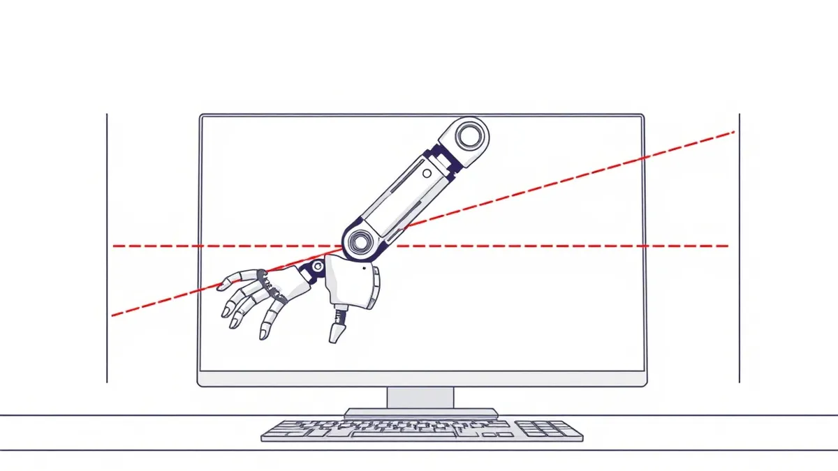 Illustration: A sleek silver robot arm hovers over a blank digital interface, with faint red warning lines intersecting the screen.