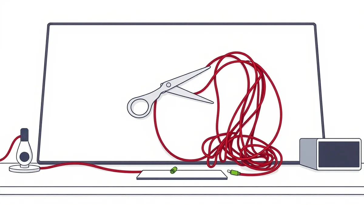Illustration: A large, tangled knot of red wires sits on a clean white desk.