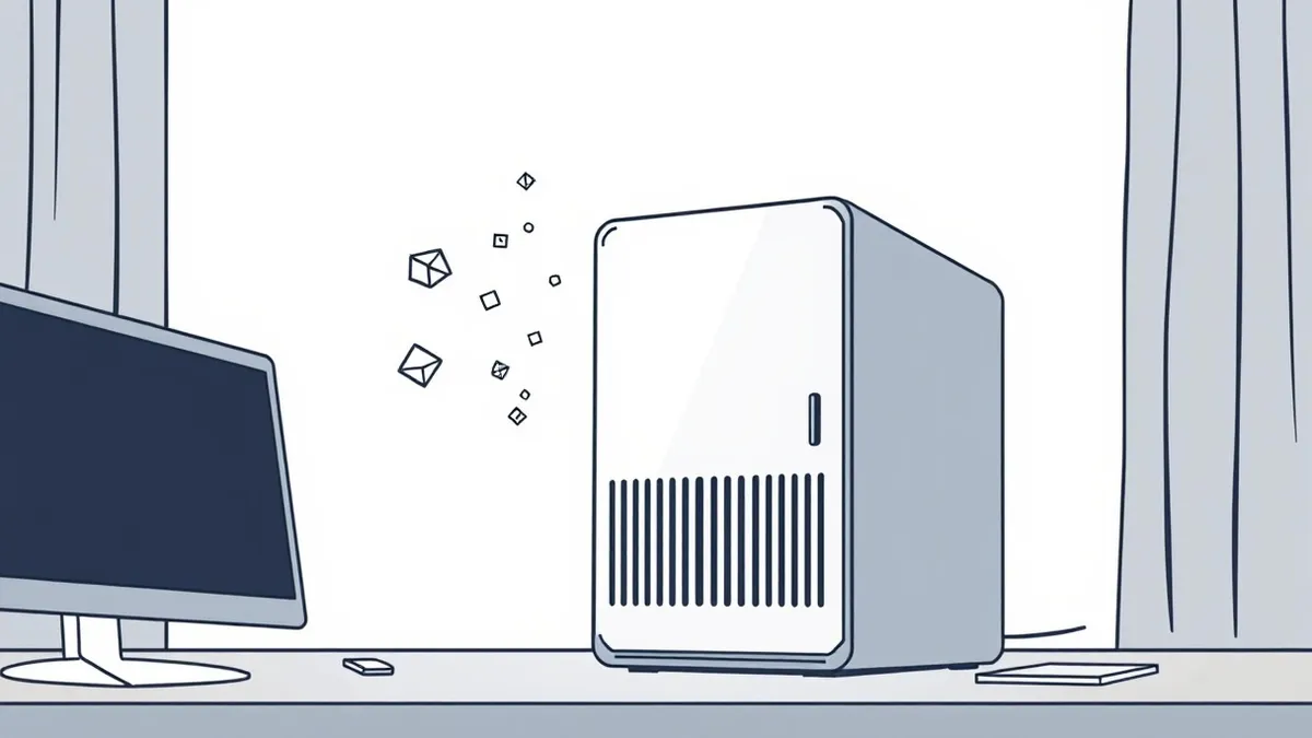 Illustration: A sleek server tower sits isolated on a dark desk while faint geometric patterns emerge from its ventilation slots.