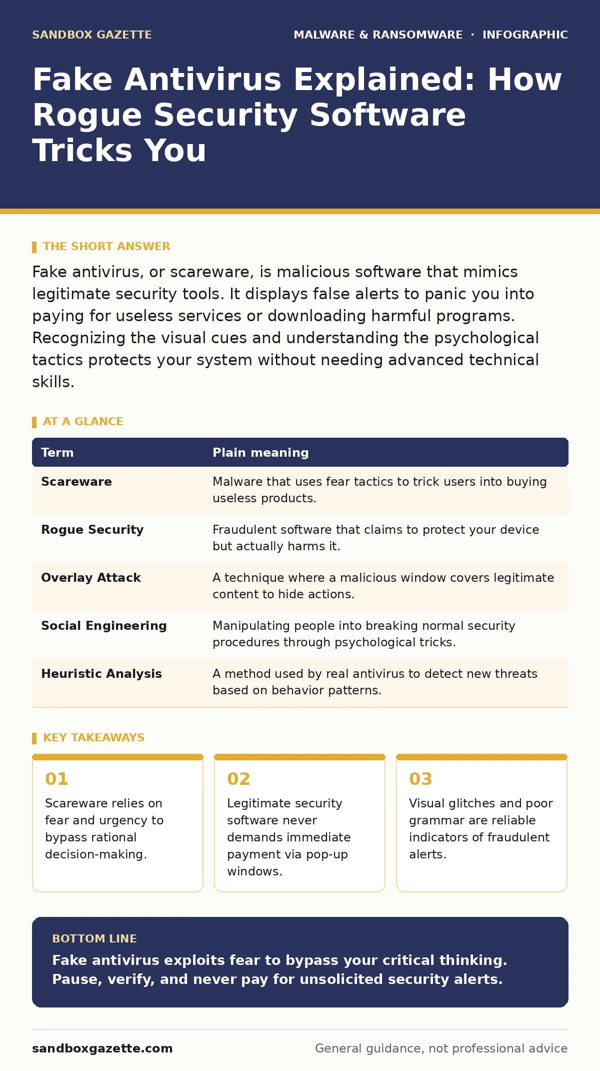 Infographic: Fake Antivirus Explained: How Rogue Security Software Tricks You. Scareware relies on fear and urgency to bypass rational decision-making. Legitimate security software never demands immediate payment via pop-up windows. Visual glitches and poor grammar are reliable indicators of fraudul