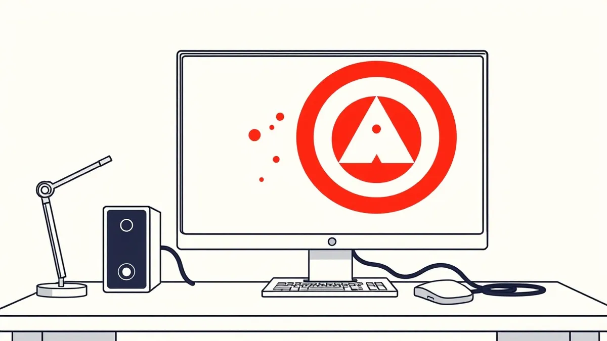 Illustration: A generic desktop computer sits on a wooden desk, its monitor displaying a large, alarming red warning circle.