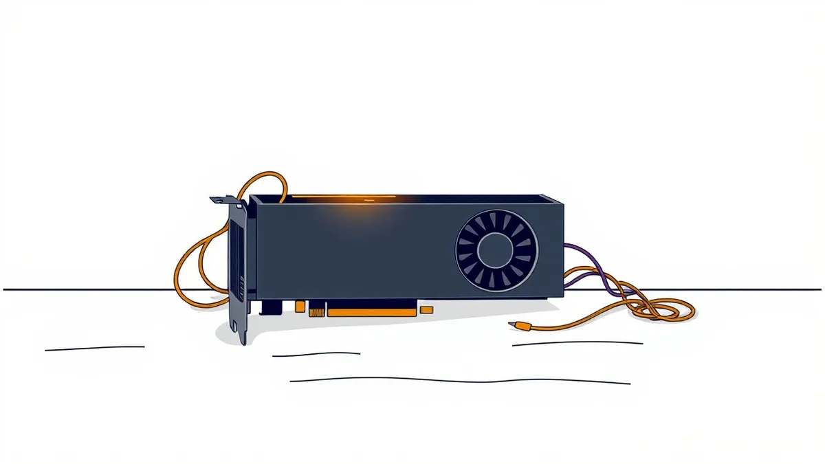 Illustration: A single black graphics card rests on a matte surface.