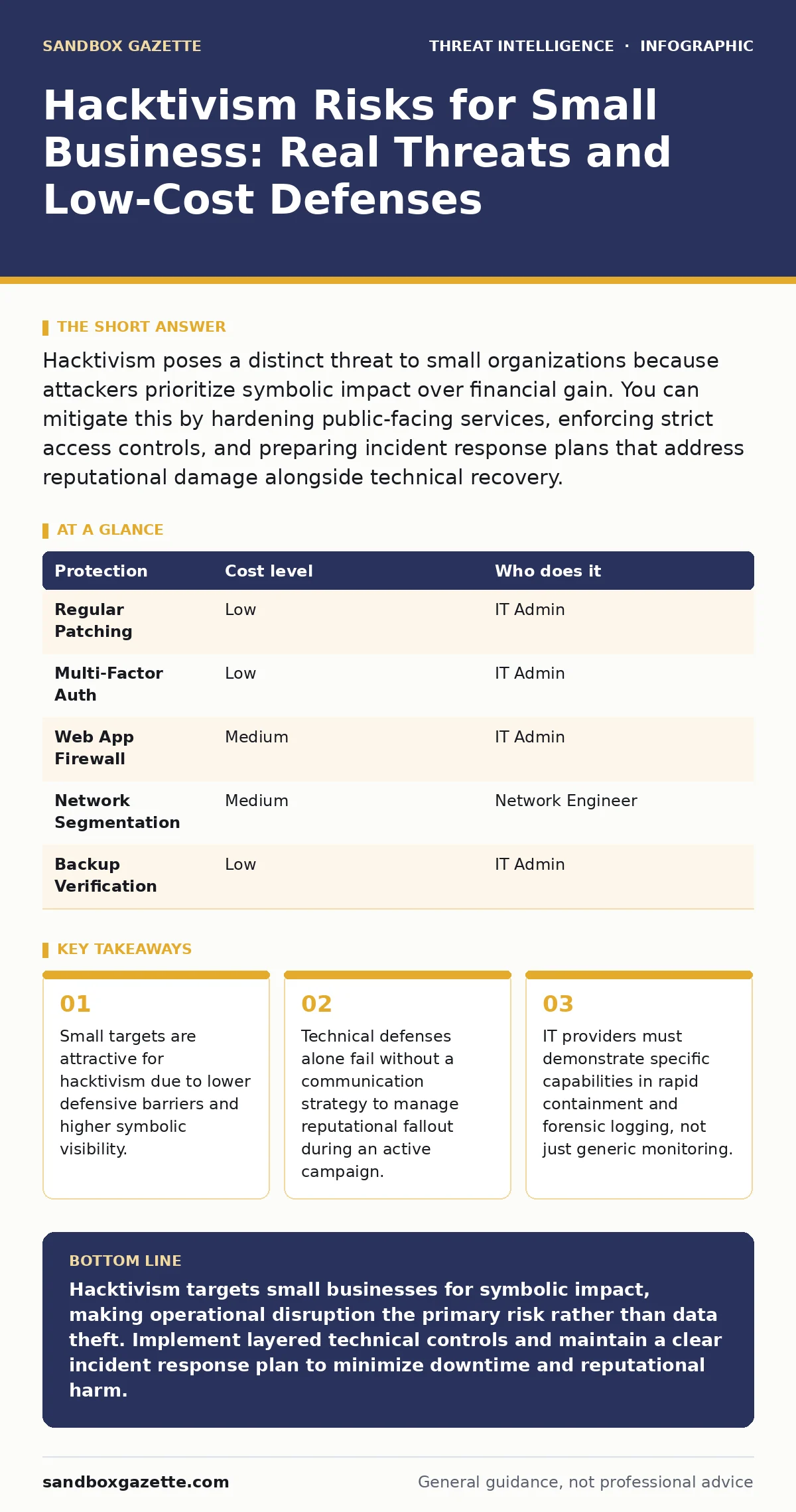 Infographic: Hacktivism Risks for Small Business: Real Threats and Low-Cost Defenses. Small targets are attractive for hacktivism due to lower defensive barriers and higher symbolic visibility. Technical defenses alone fail without a communication strategy to manage reputational fallout during an ac