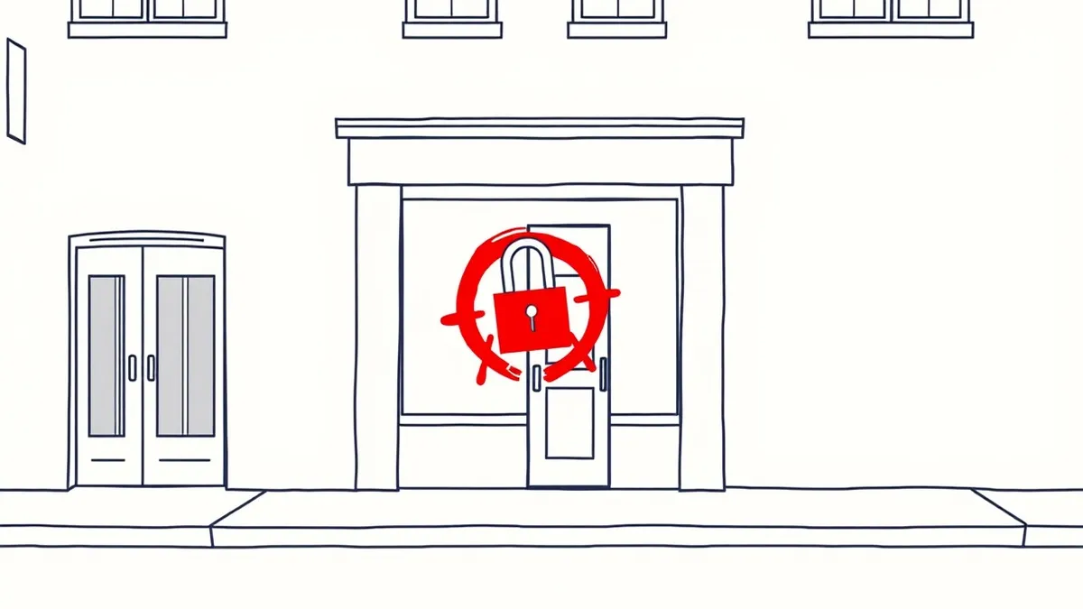Illustration: A small storefront with a single padlocked door stands alone on a quiet street.