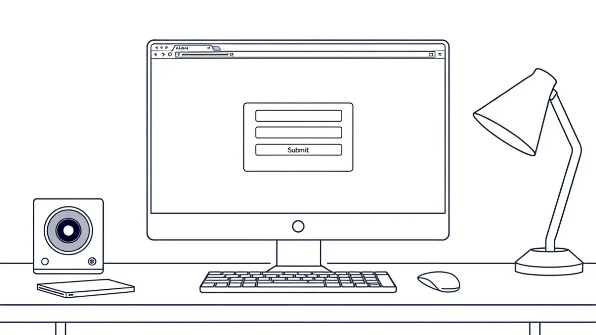 Illustration: A sleek web browser window displays a minimalist login page with two blank input fields and a prominent submit button.