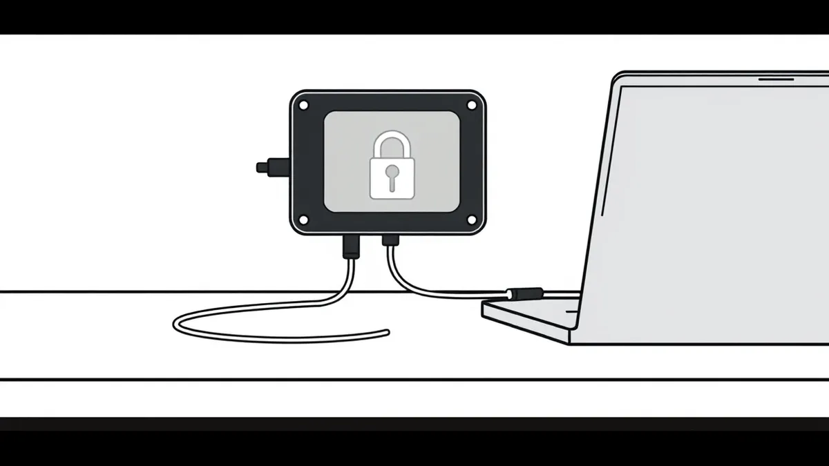 Illustration: A sleek black hardware security module sits on a clean white desk.