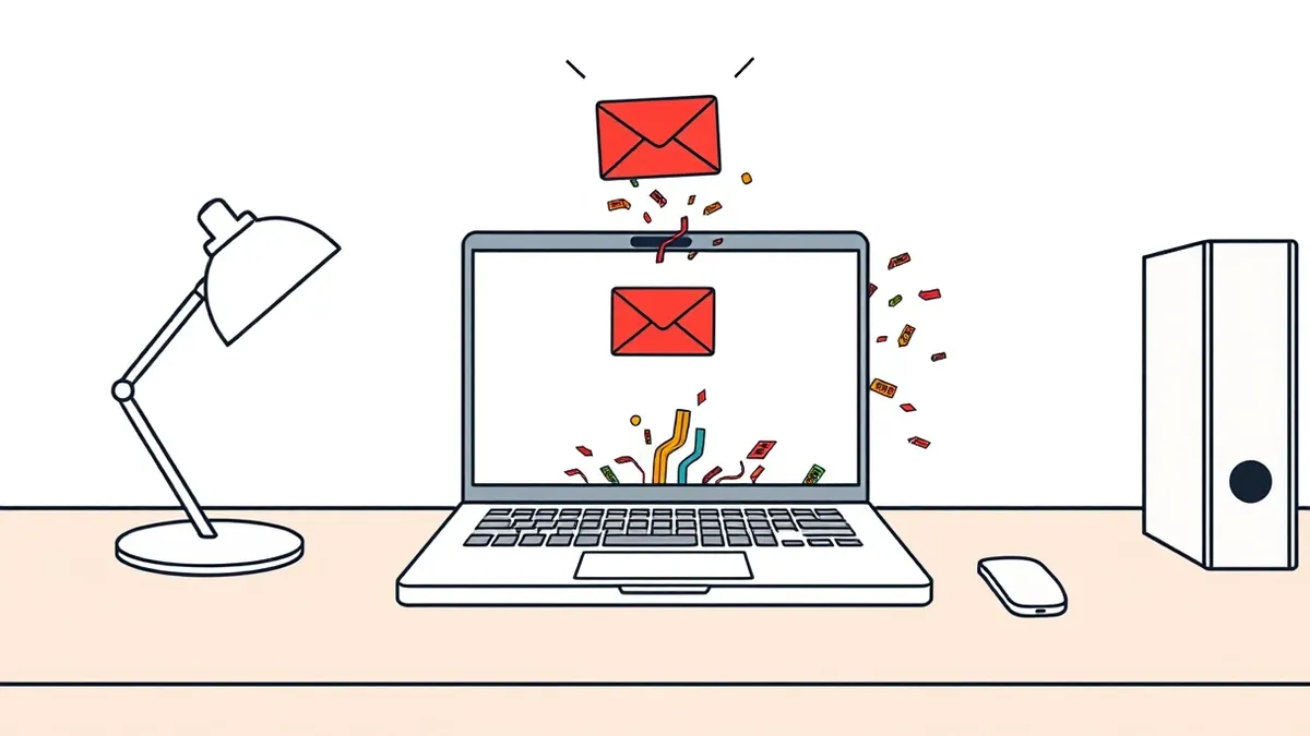 Illustration: A sleek office desk holds an open laptop displaying a blank white screen.