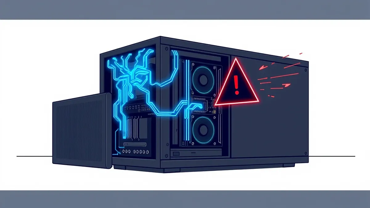 Illustration: A sleek black server unit sits exposed, its side panel removed to reveal intricate circuit boards.