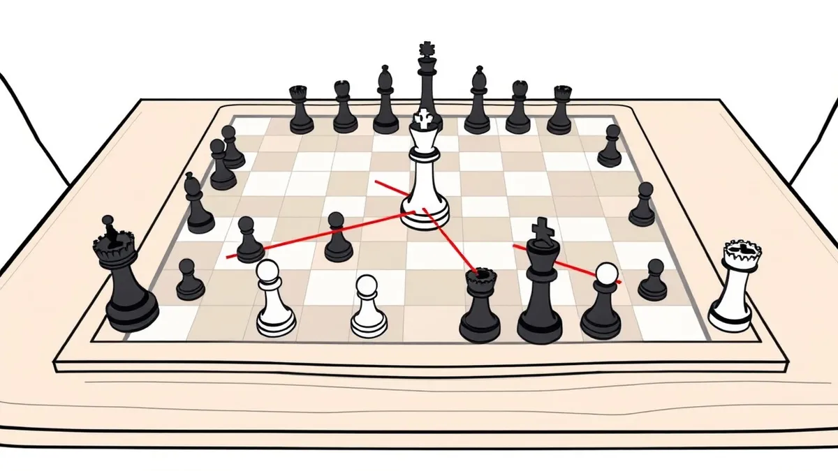 Illustration: A large wooden chessboard sits on a polished conference table.