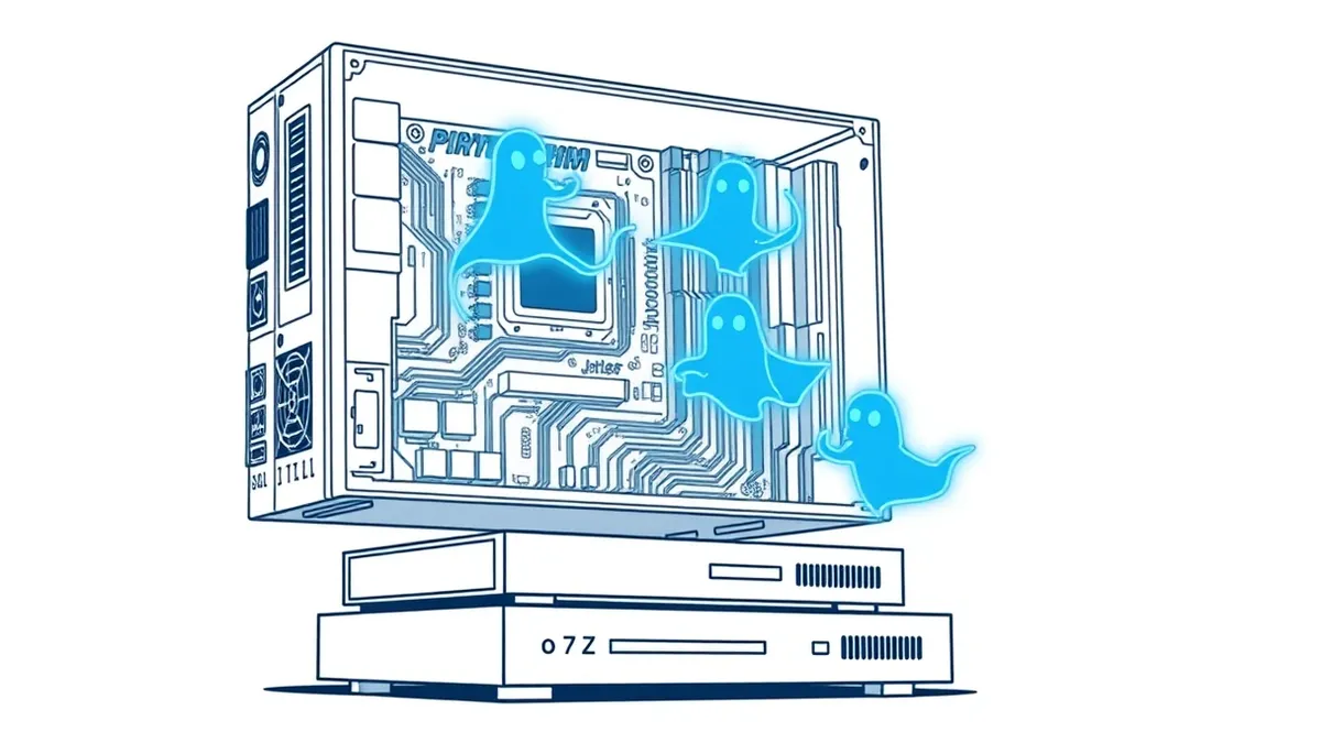 Illustration: A transparent computer motherboard floats in empty space while glowing blue digital ghosts weave through its circuits.