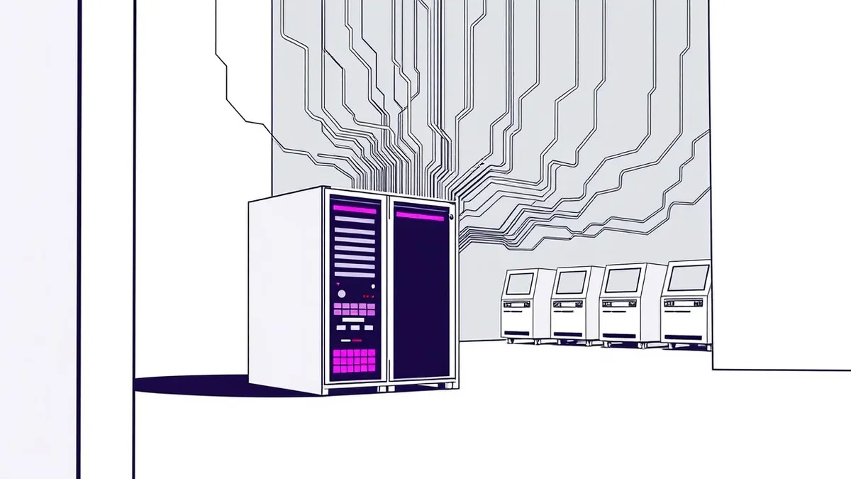 Illustration: A single server blade sits isolated in a dark room.