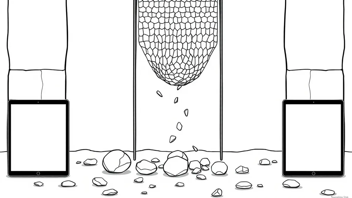 Illustration: A metallic mesh net hangs between two pillars, catching sharp debris in mid-air while smooth, polished spheres slip through the holes below.