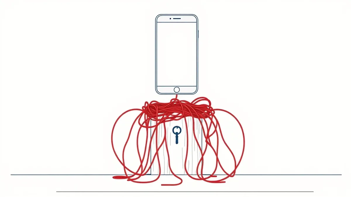 Illustration: A blank smartphone screen floats above a tangled nest of red strings.