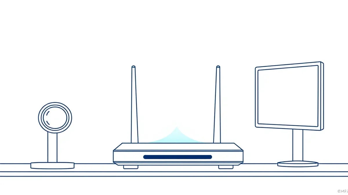 Illustration: A sleek router sits on a desk, emitting a smooth blue beam of data that splits into two identical streams.