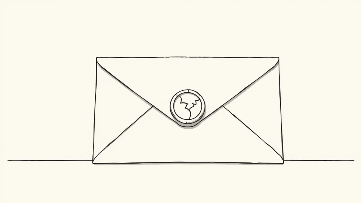 Illustration: A single white envelope rests on a desk surface, its flap sealed with a clear, geometric wax stamp.
