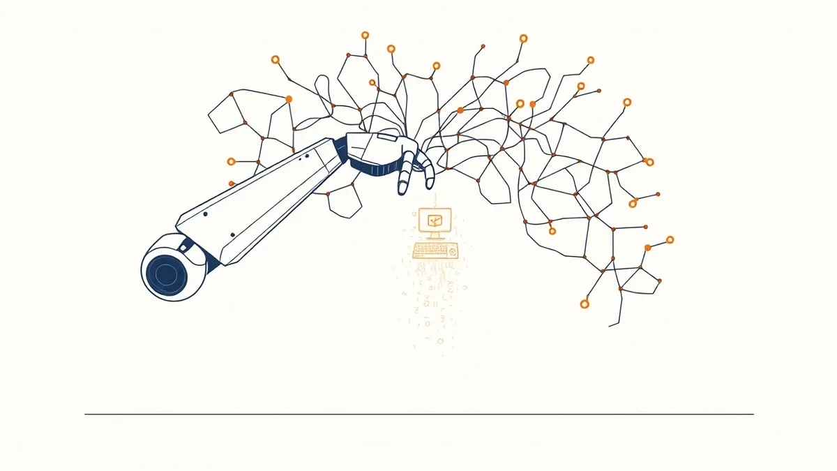 Illustration: A sleek autonomous robot arm reaches into a tangled web of glowing code lines, pulling a critical decision node from the structure.