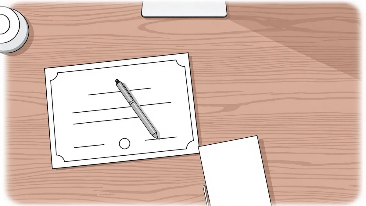 Illustration: Two blank certification certificates rest side by side on a polished wooden desk.