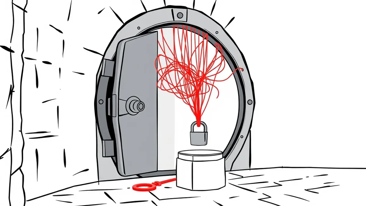 Illustration: A thick iron vault door sits slightly ajar in a stone corridor.