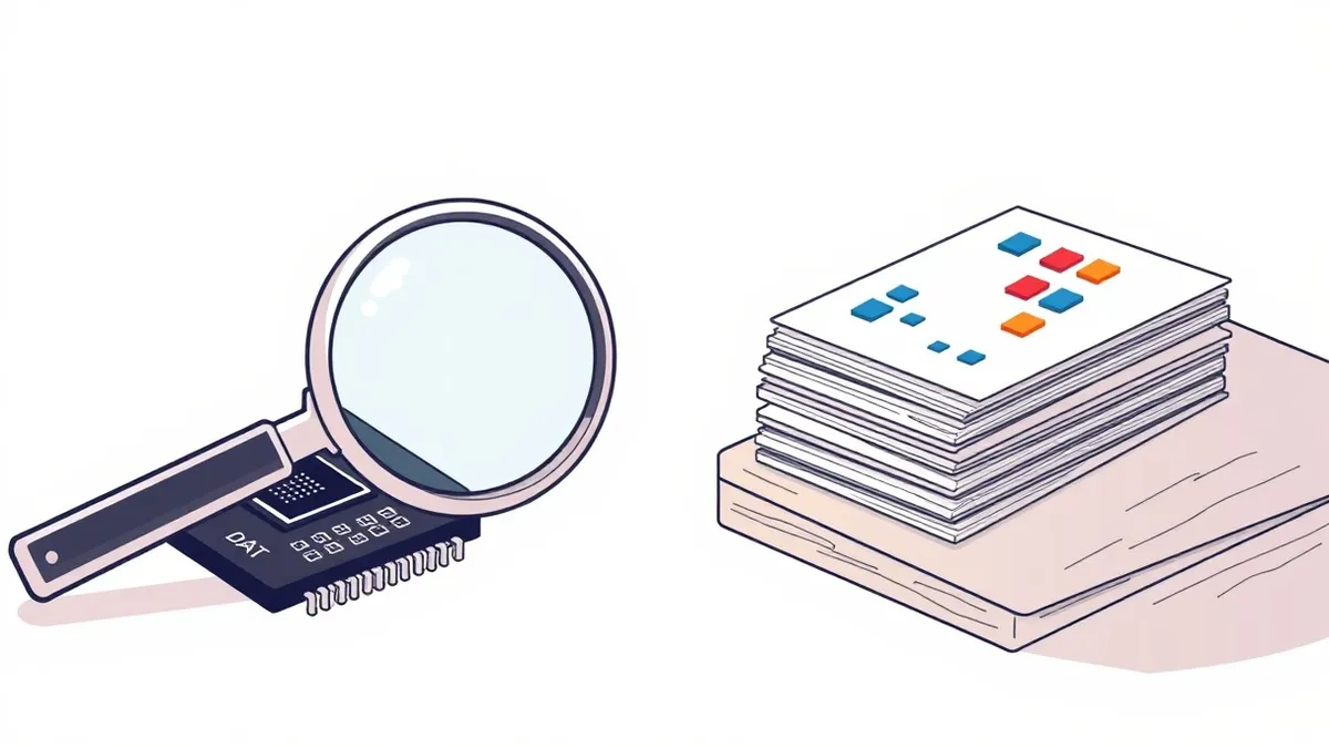 Illustration: A sleek silver magnifying glass hovers over a glossy black computer chip, revealing intricate geometric patterns within its surface.