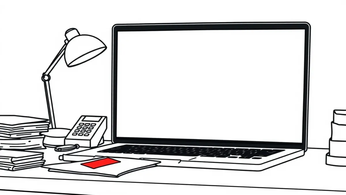 Illustration: A cluttered office desk holds a sleek laptop displaying a blank, ominous black screen with faint red abstract shapes.
